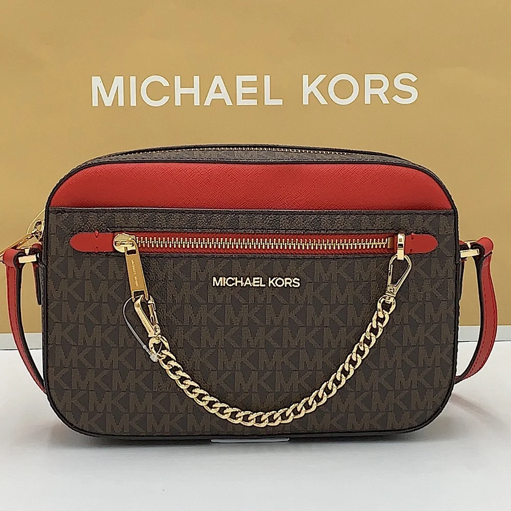 MICHAEL KORS LARGE EAST WEST ZIP CHAIN XBODY FLAME MULTI/ BROWN - Picture 3 of 16